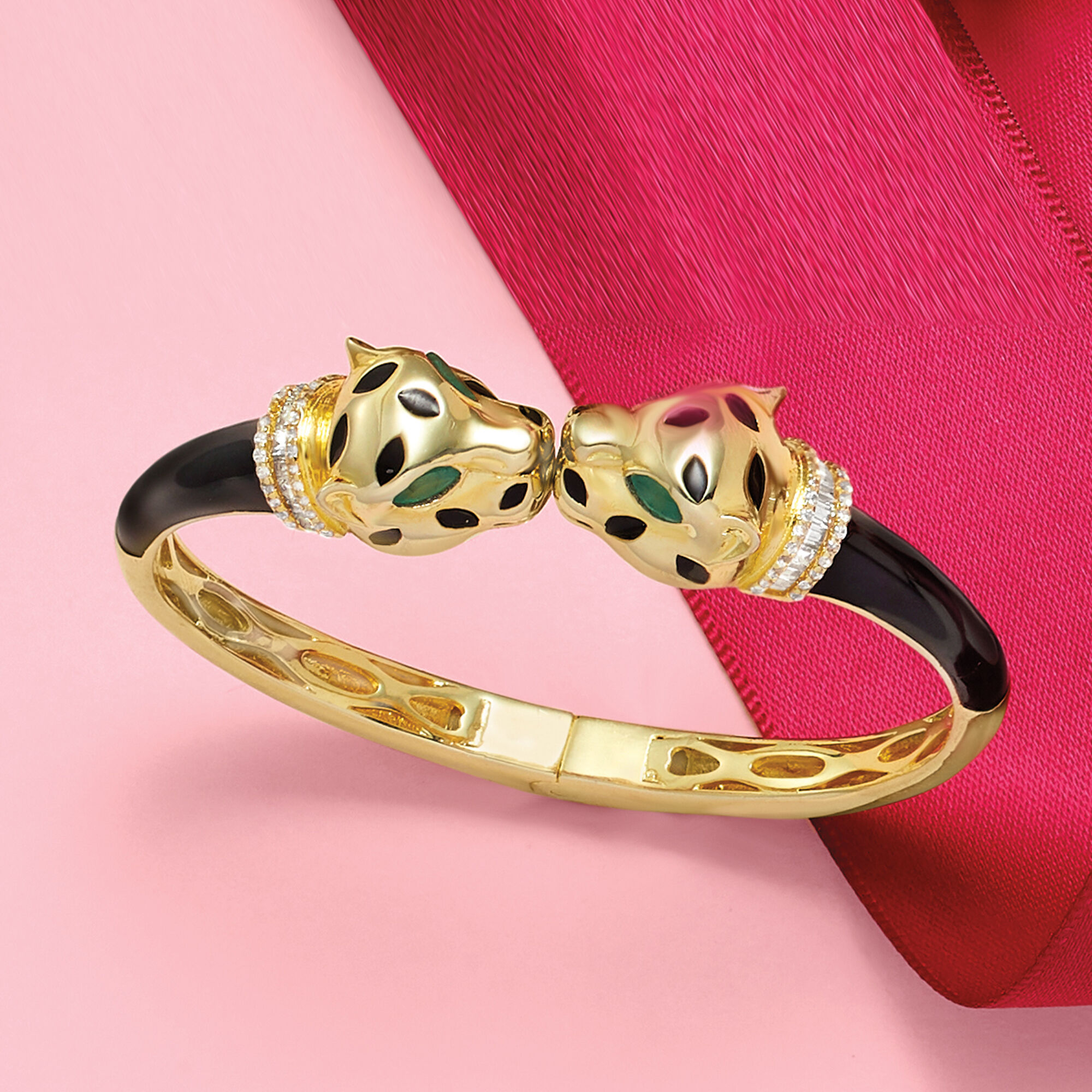 1.30 ct. t.w. White Zircon and .60 ct. t.w. Green Chrome Diopside Panther  Bangle Bracelet in 18kt Gold Over Sterling with Black Enamel