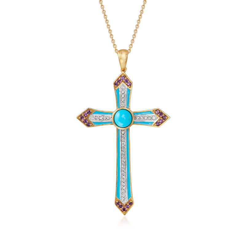Turquoise, .30 ct. t.w. Amethyst and .30 ct. t.w. White Topaz Cross Pendant Necklace with Enamel in 18kt Gold Over Sterling image number 0