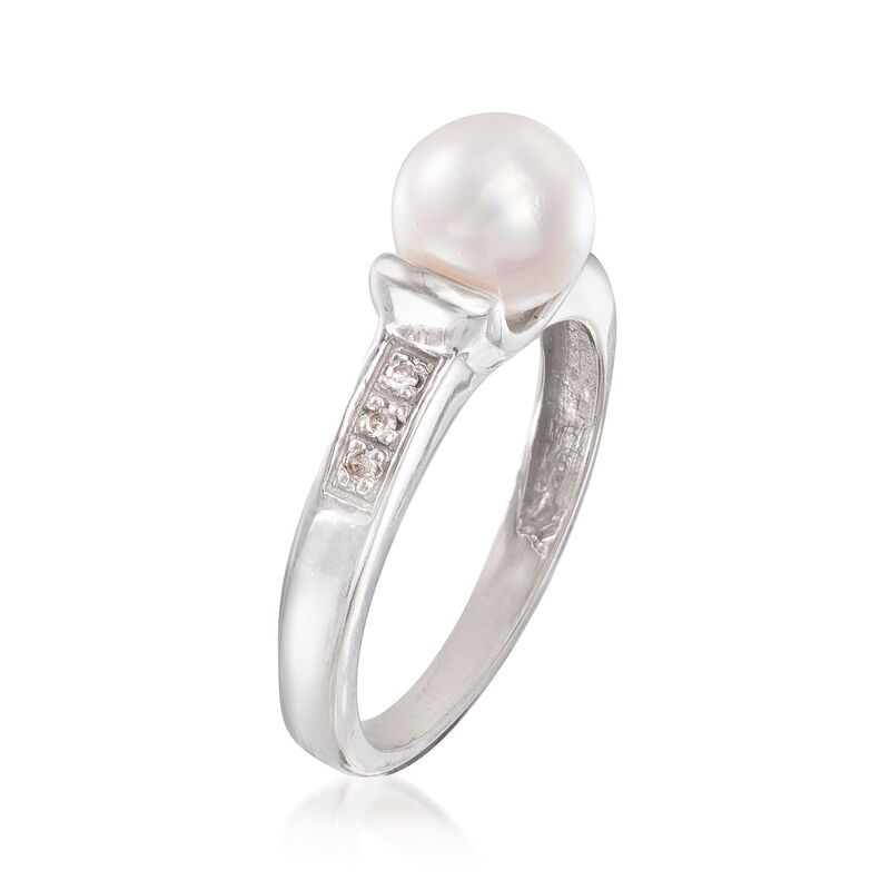C. 1990 Vintage 7mm Cultured Pearl Ring in 14kt White Gold with Diamond Accents. Size 6.5 image number 2