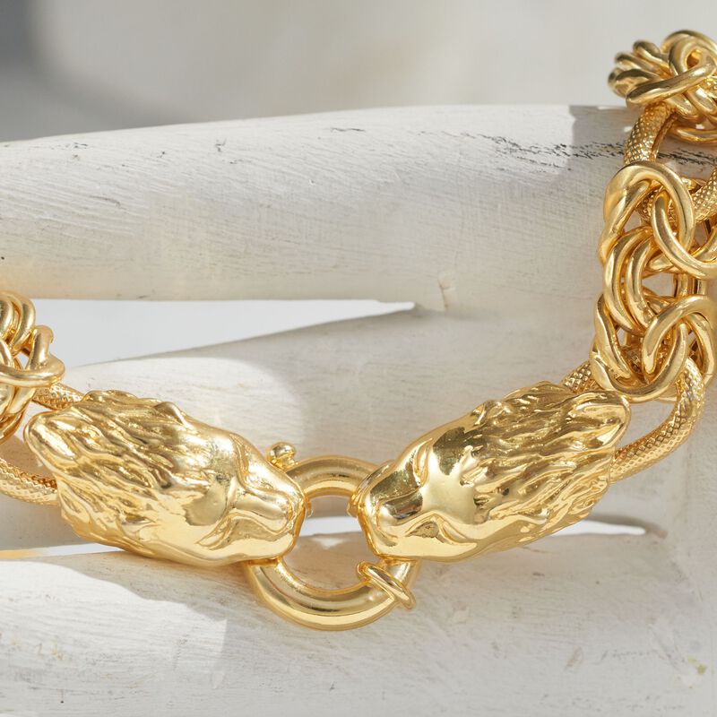 Italian 24kt Gold Over Sterling Double Lion Head Necklace with Byzantine and Oval Links image number 9