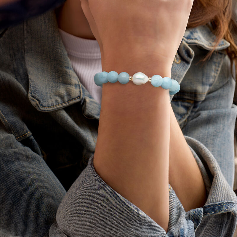 12-13mm Cultured Baroque Pearl and 140.00 ct. t.w. Aquamarine Bead Stretch Bracelet with 14kt Yellow Gold. Adjustable Size image number 1
