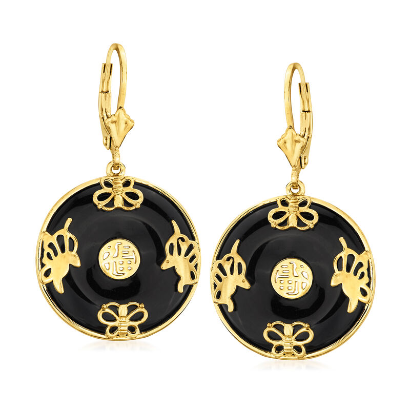 Black Agate &quot;Good Fortune&quot; Butterfly Drop Earrings in 18kt Gold Over Sterling image number 0