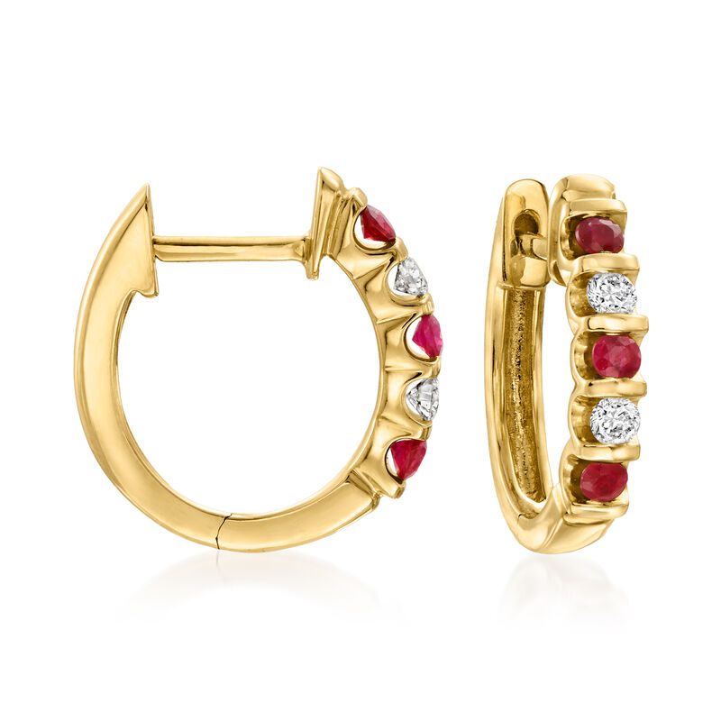 .10 ct. t.w. Ruby and .10 ct. t.w. Diamond Huggie Hoop Earrings in 14kt Yellow Gold. 3/8" image number 0
