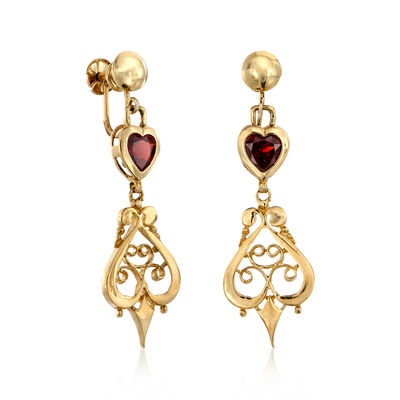 C. 1975 Vintage 2.00 ct. t.w. Garnet Heart Drop Earrings in 14kt Yellow Gold