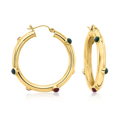 C. 1990 Vintage 14kt Yellow Gold Hoop Earrings with Multicolored Glass Stations