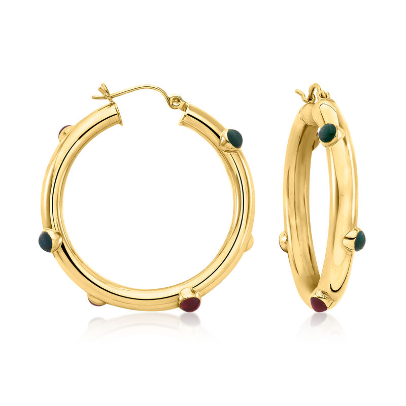 C. 1990 Vintage 14kt Yellow Gold Hoop Earrings with Multicolored Glass Stations. 1 3/8" image number 0
