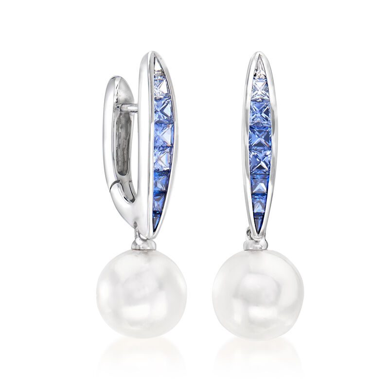 Mikimoto "Ocean" 8mm A+ Akoya Pearl and .90 ct. t.w. Sapphire Drop Earrings in 18kt White Gold image number 2