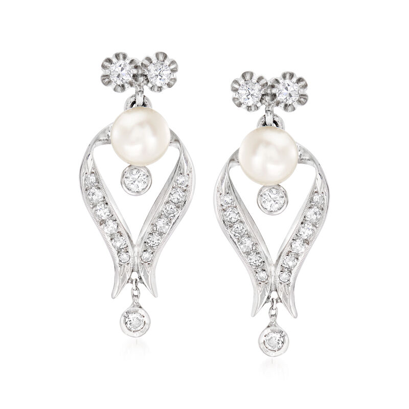 C. 1940 Vintage 7.5mm Cultured Pearl and 1.20 ct. t.w. Diamond Drop Earrings in 14kt White Gold image number 0