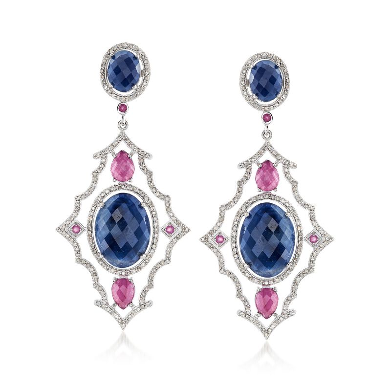 40.80 ct. t.w. Opaque Pink and Blue Sapphire Drop Earrings with 2.95 ct. t.w. Diamonds in Sterling image number 0
