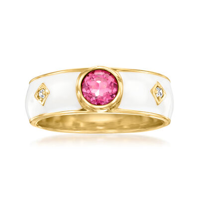 .40 Carat Pink Topaz and White Enamel Ring with Diamonds in 18kt Gold Over Sterling