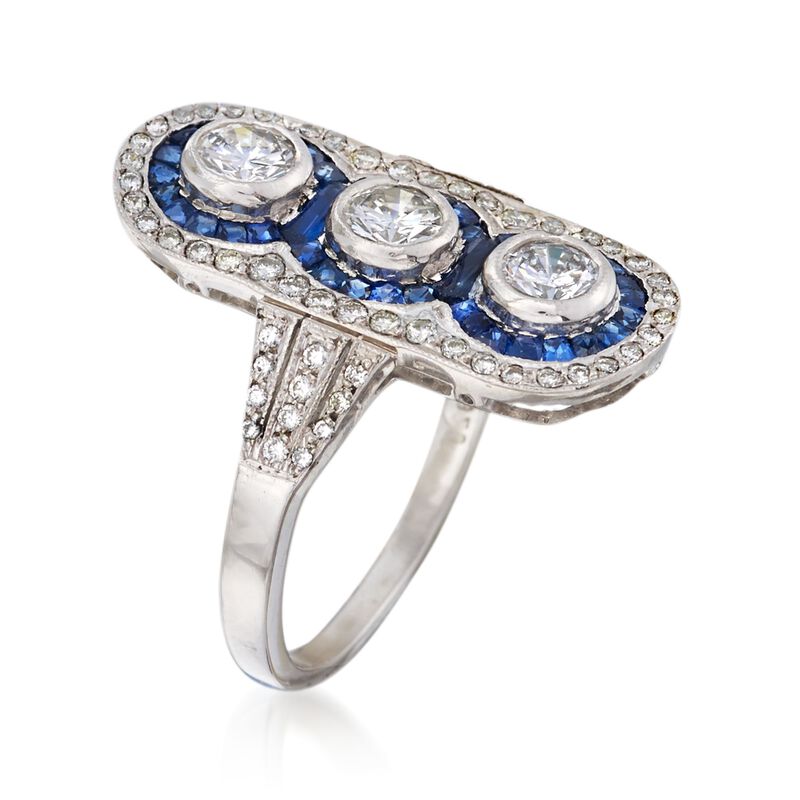 C. 1970 Vintage 1.10 ct. t.w. Diamond and .85 ct. t.w. Sapphire Dinner Ring in Platinum. Size 5.5 image number 2