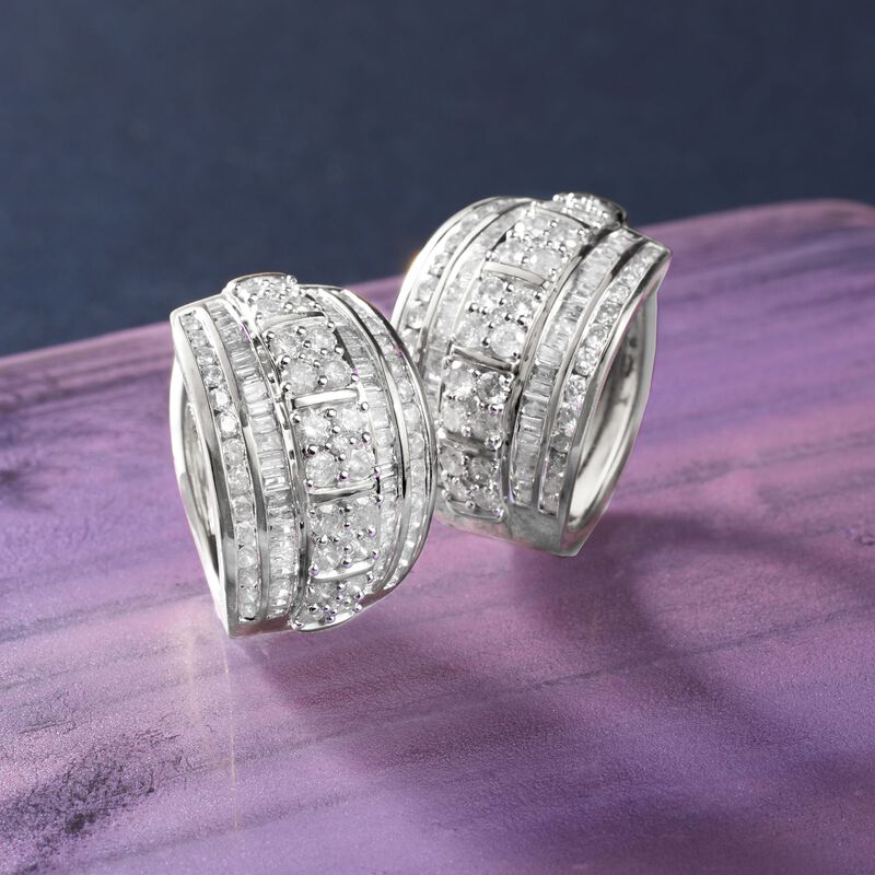 3.00 ct. t.w. Round and Baguette Diamond Hoop Earrings in Sterling Silver. 3/4&quot; image number 2