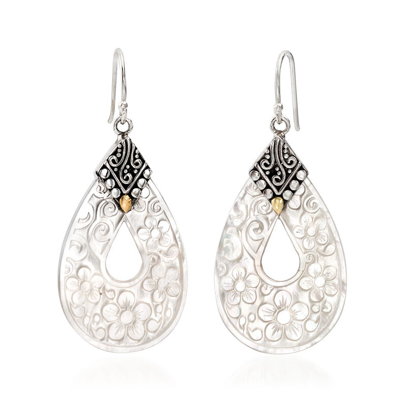 Mother-of-Pearl Bali-Style Floral Drop Earrings with Sterling Silver and 18kt Yellow Gold image number 2