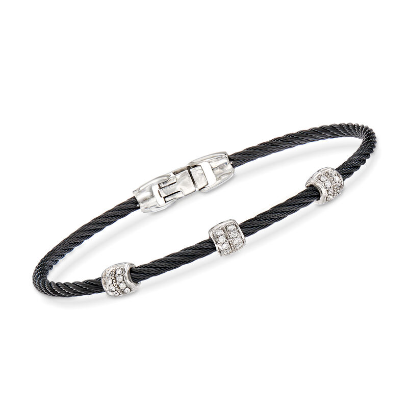 ALOR &quot;Classique&quot; Black Stainless Steel Cable Station Bracelet with .21 ct. t.w. Diamonds and 18kt White Gold image number 0