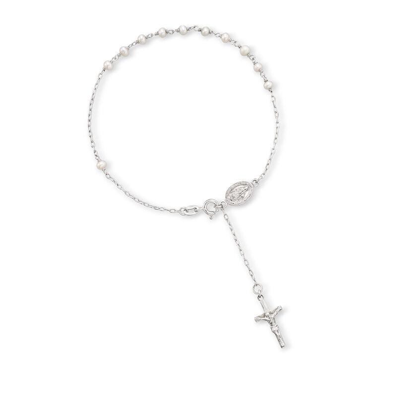 3.5-4mm Cultured Pearl Rosary Anklet in Sterling Silver image number 0
