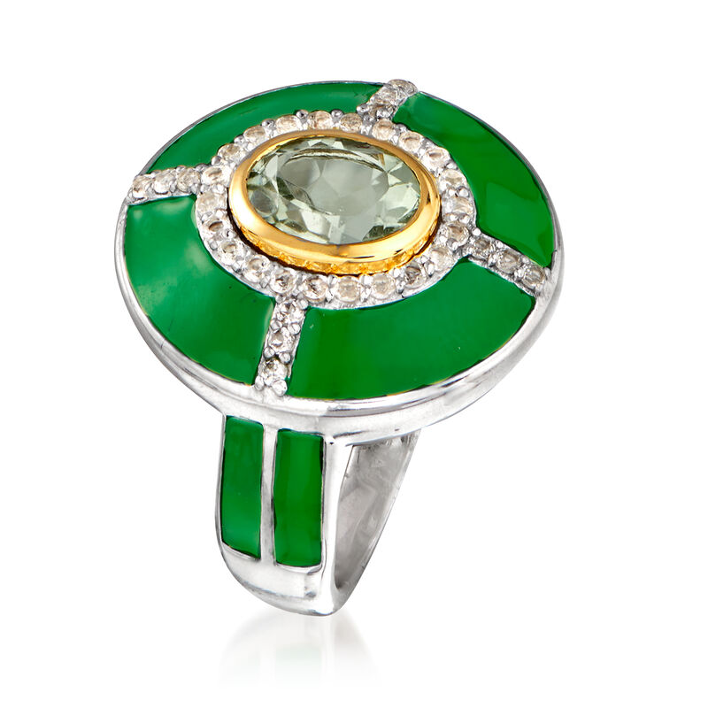 1.20 Carat Prasiolite and .30 ct. t.w. White Topaz Ring with Green Enamel in Sterling Silver with 14kt Yellow Gold image number 2