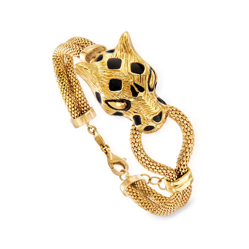 18kt Yellow Gold Popcorn-Link Panther Bracelet with Black Enamel image number 2