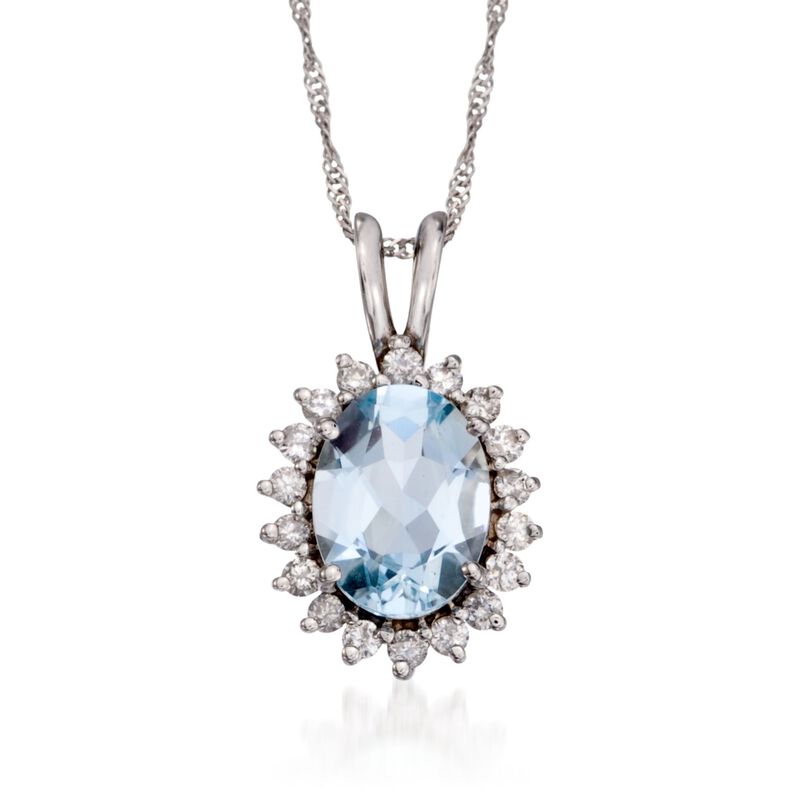 1.10 Carat Aquamarine and .20 ct. t.w. Diamond Pendant Necklace in 14kt White Gold. 16&quot; image number 1