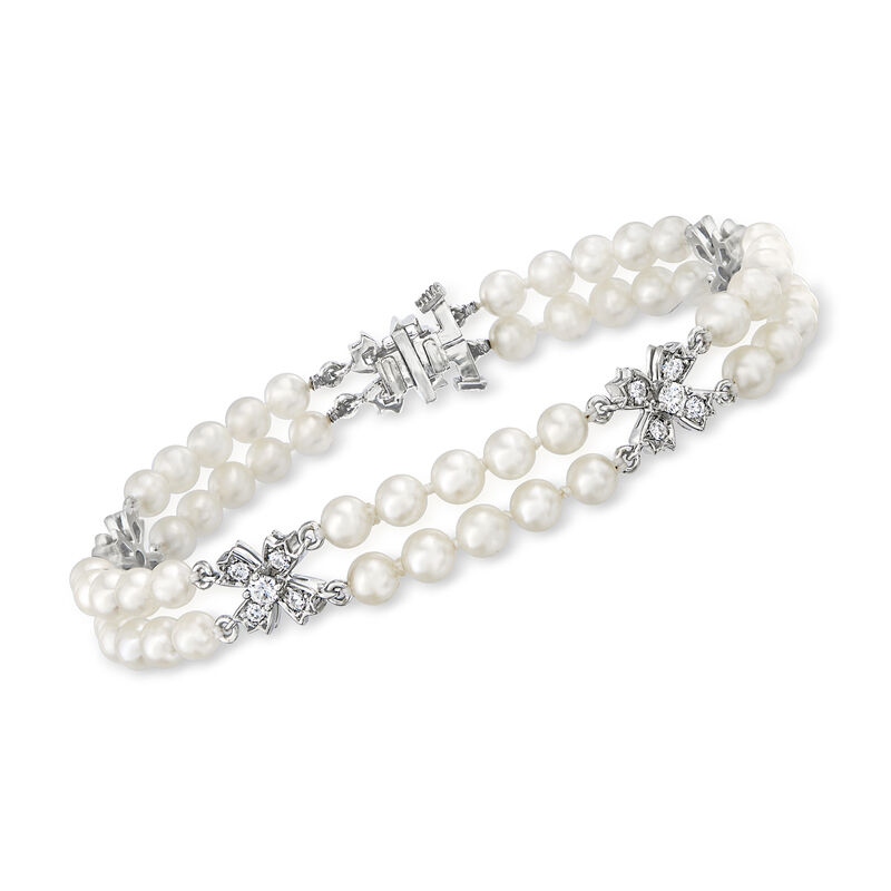 C. 1980 Vintage Tiffany Jewelry 4mm Cultured Pearl and 1.00 ct. t.w. Diamond Bow Bracelet in Platinum image number 0