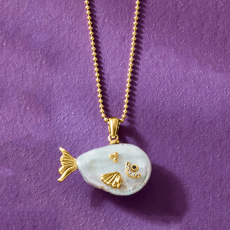4-20mm Cultured Baroque Pearl Fish Pendant Necklace with White Topaz and Single Black Spinel in 18kt Gold Over Sterling image number 2