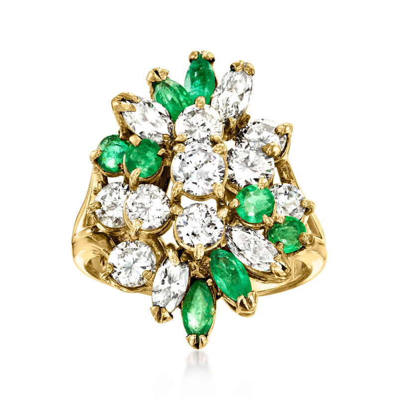 C. 1980 Vintage 2.05 ct. t.w. Diamond and .90 ct. t.w. Emerald Cluster Ring in 14kt Yellow Gold. Size 6.5 image number 0