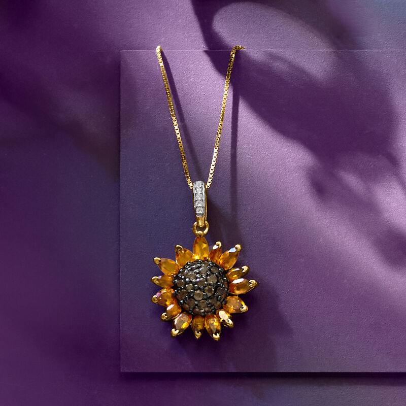 1.70 ct. t.w. Citrine and .80 ct. t.w. Smoky Quartz and .10 ct. t.w. White Topaz Sunflower Pendant Necklace in 18kt Gold Over Sterling. 18" image number 3