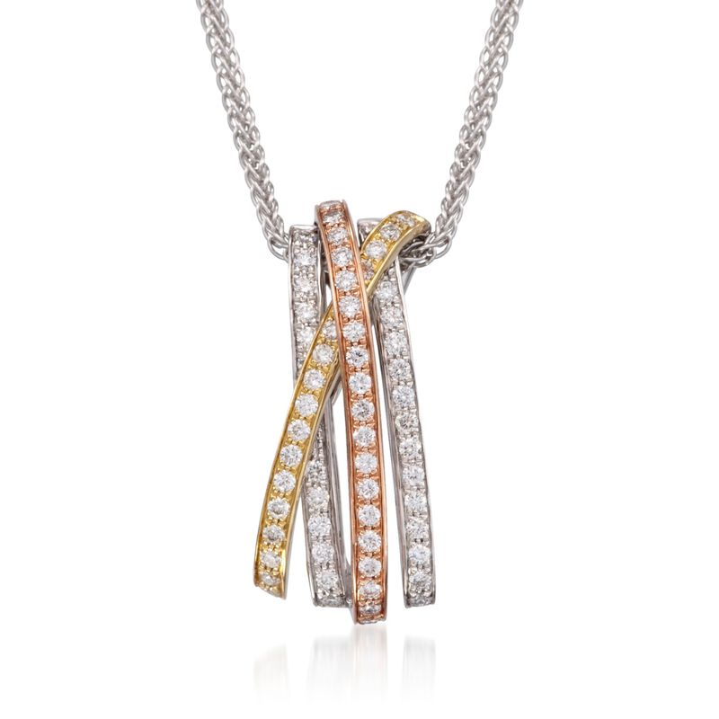 Simon G. .43 ct. t.w. Diamond Crisscross Pendant Necklace in 18kt Tri-Colored Gold. 18&quot; image number 1