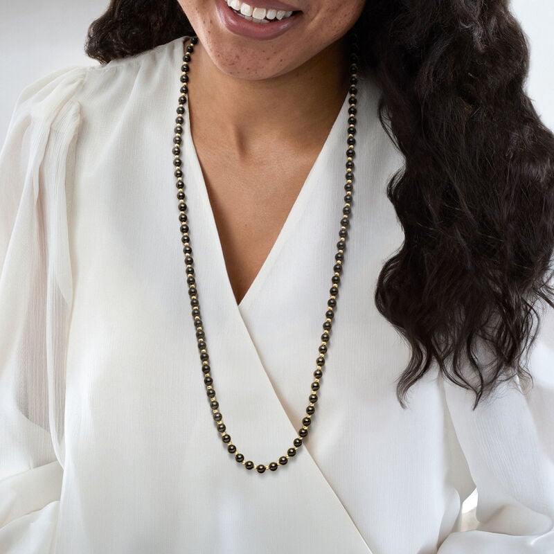 C. 1980 Vintage 6mm Onyx Bead Necklace with 14kt Yellow Gold. 33" image number 1