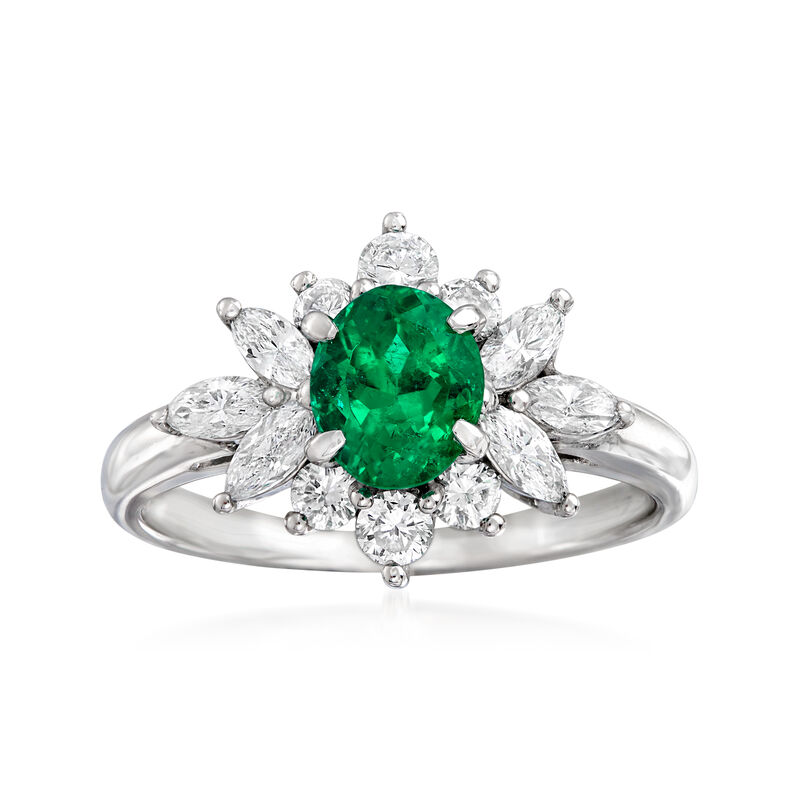 C. 1980 Vintage .79 Carat Emerald and .58 ct. t.w. Diamond Ring in Platinum image number 0