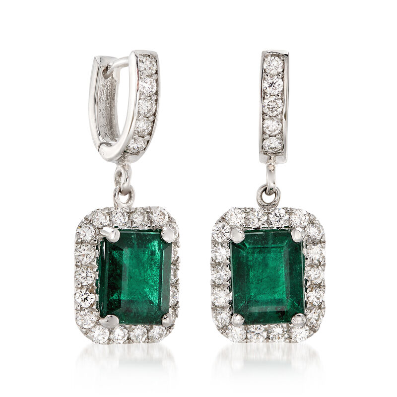 4.80 ct. t.w. Emerald and 1.40 ct. t.w. Diamond Drop Earrings in 14kt White Gold image number 2