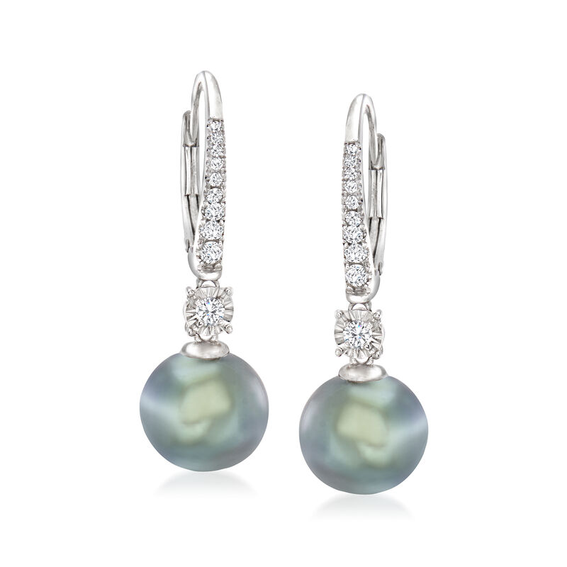 9-9.5mm Black Cultured Tahitian Pearl Drop Earrings with .19 ct. t.w. Diamonds in 14kt White Gold  image number 0