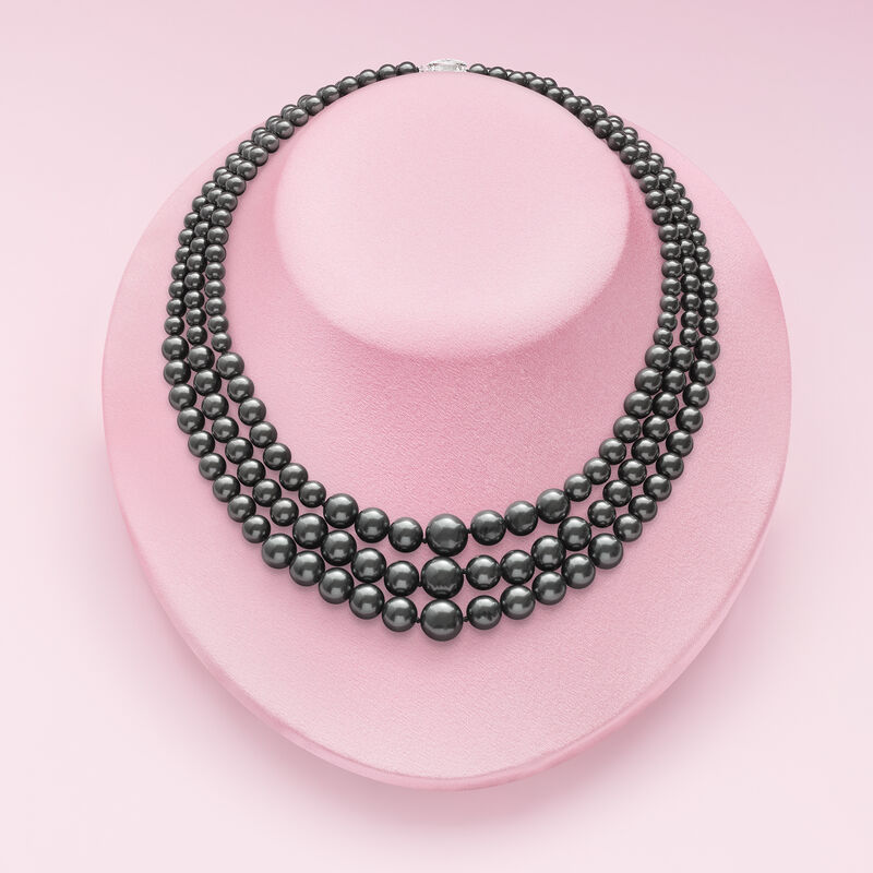 6-12mm Black Shell Pearl Graduated Three-Strand Necklace with Sterling Silver. 18&quot; image number 2