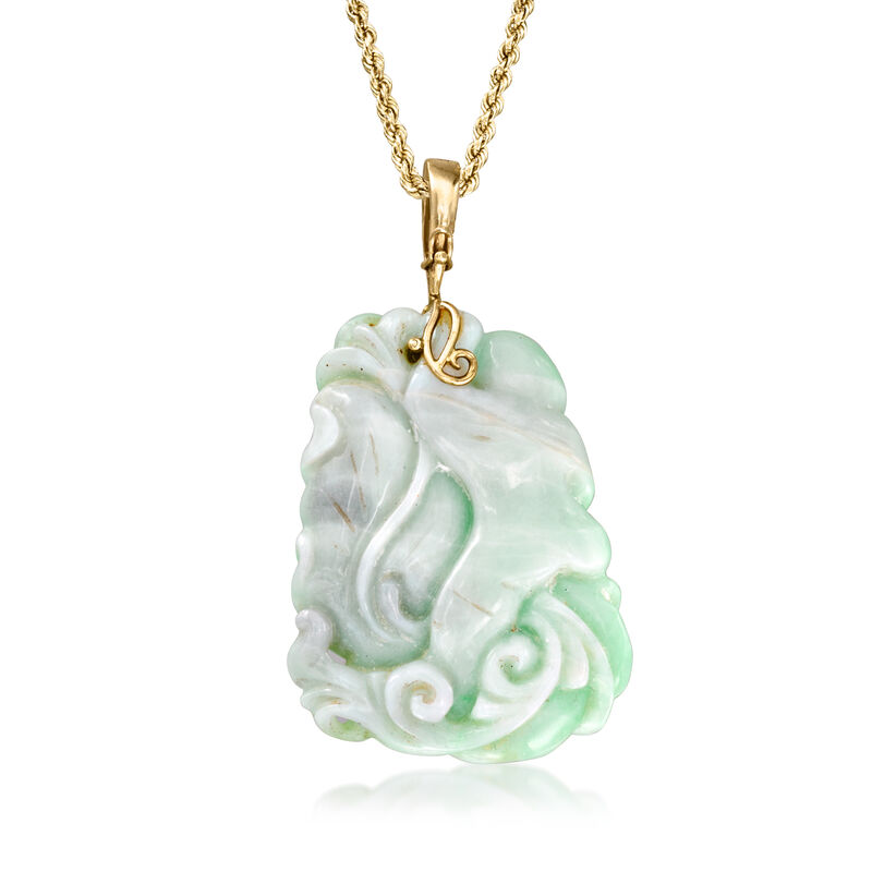 C. 1970 Vintage Jade Buddha Flower Pendant Necklace in 14kt and 10kt Yellow Gold. 24" image number 2