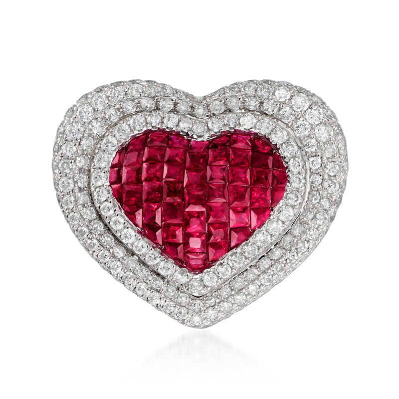 1.90 ct. t.w. Ruby and 1.85 ct. t.w. Diamond Heart Pendant in 18kt White Gold image number 1