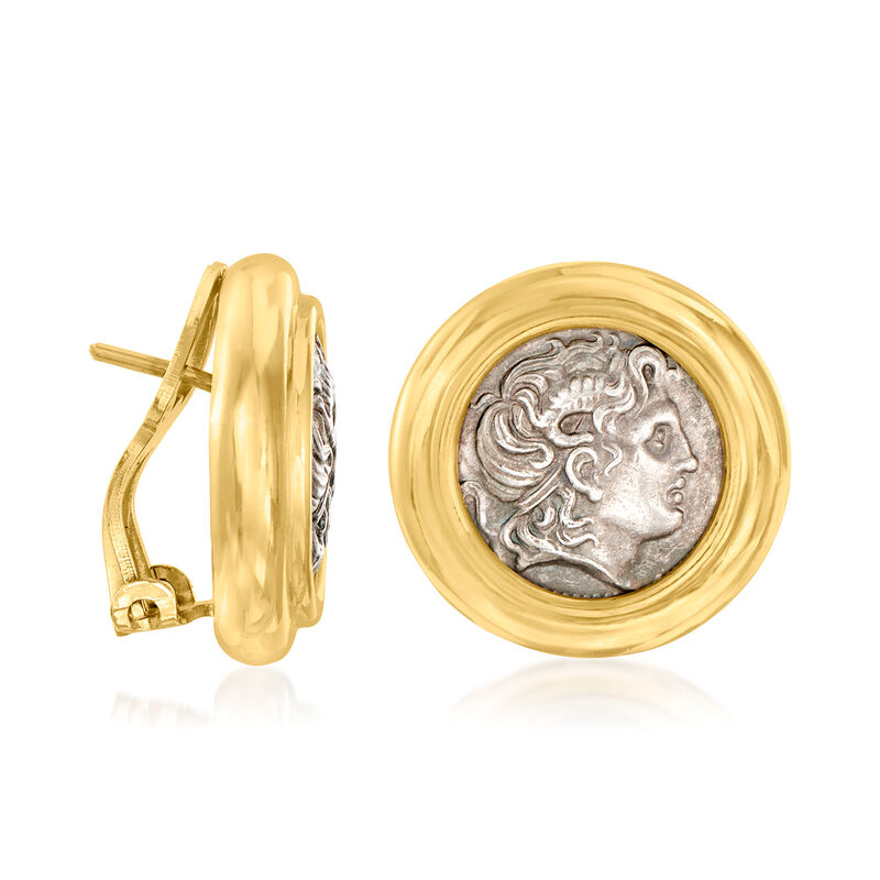 C. 1980 Vintage 14kt Yellow Gold and Sterling Silver Greek Coin Earrings image number 2