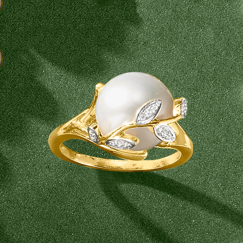 11-11.5mm Cultured Pearl Leaf Ring with Diamonds in 18kt Gold Over Sterling image number 3