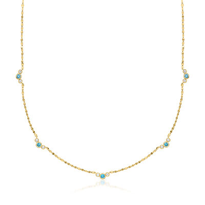 .50 ct. t.w. Bezel-Set London Blue Topaz and .35 ct. t.w. Lab-Grown Diamond Station Necklace in 18kt Gold Over Sterling