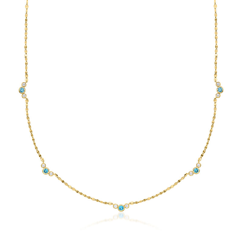.50 ct. t.w. Bezel-Set London Blue Topaz and .35 ct. t.w. Lab-Grown Diamond Station Necklace in 18kt Gold Over Sterling. 18" image number 1