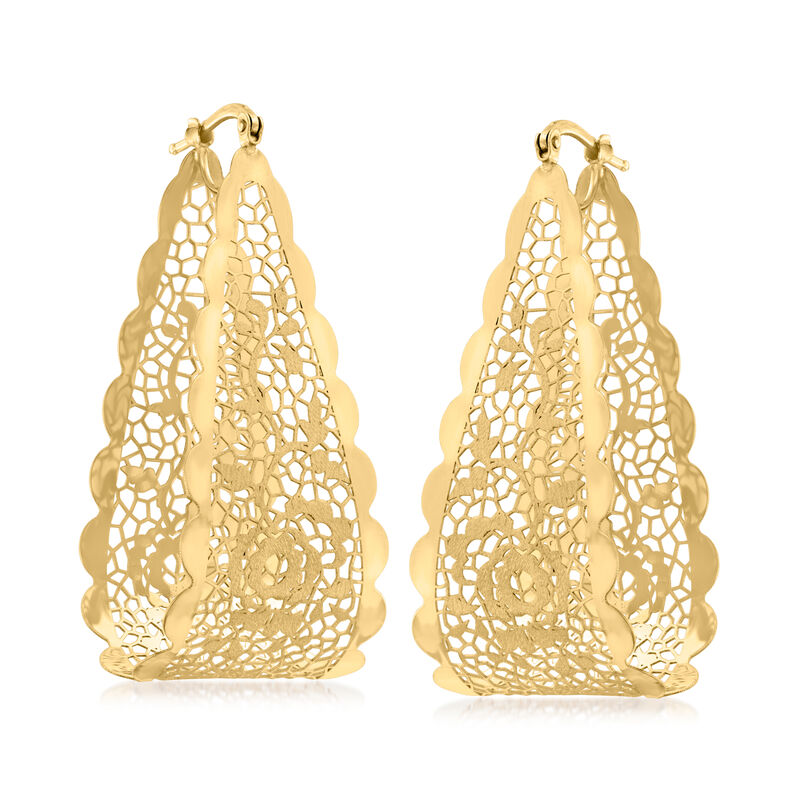 Italian 14kt Yellow Gold Floral Lace U-Shaped Hoop Earrings. 2&quot; image number 3
