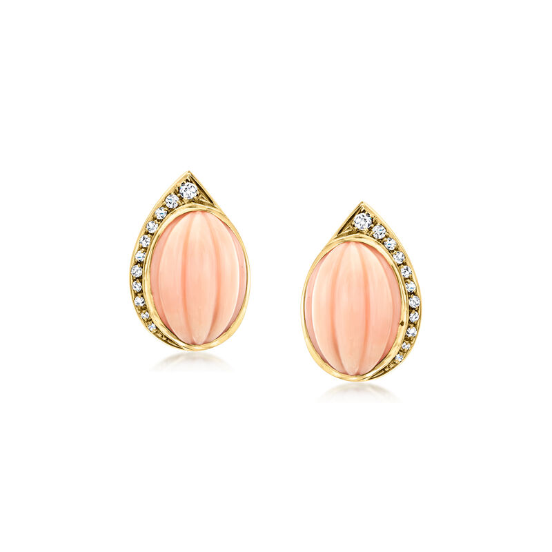 C. 1980 Vintage Pink Coral and .40 ct. t.w. Diamond Earrings in 18kt Yellow Gold image number 0