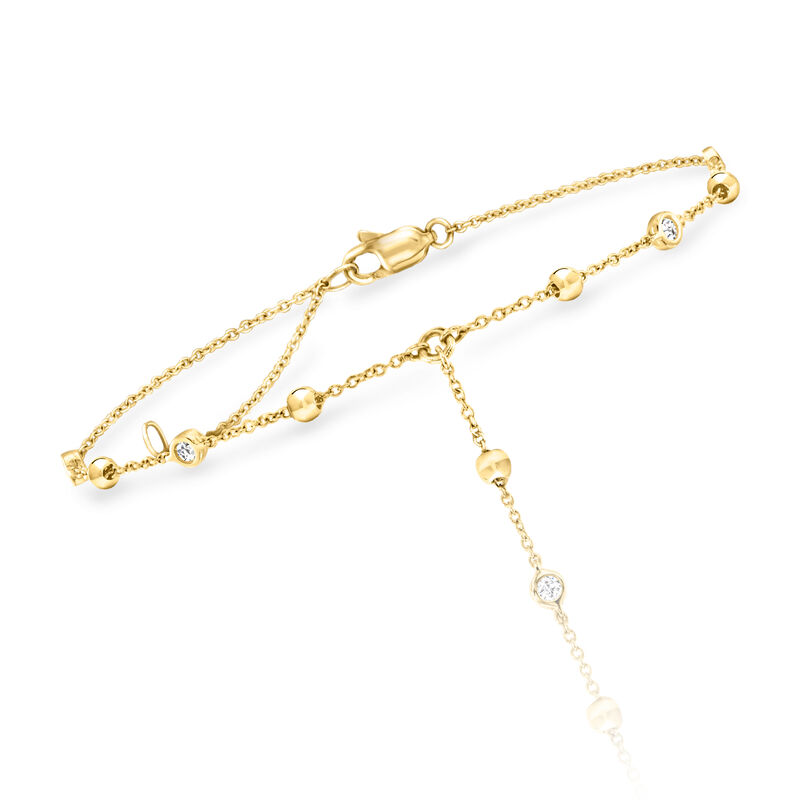 .20 ct. t.w. Bezel-Set Diamond and 14kt Yellow Gold Beaded Hand Chain Bracelet. 7&quot; image number 2