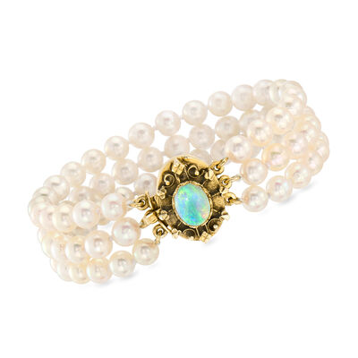 C. 1980 Vintage Opal and 5.5mm Cultured Pearl Three-Row Bracelet in 14kt Yellow Gold