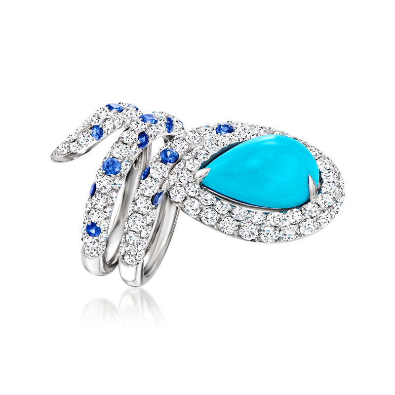 Turquoise and 4.00 ct. t.w. Diamond Wrap Ring with .80 ct. t.w. Sapphires in 18kt White Gold image number 1