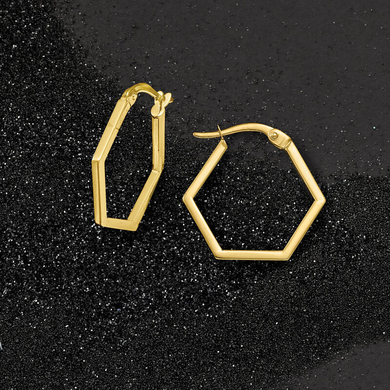 14kt Yellow Gold Hexagon Hoop Earrings. 3/4&quot; image number 2