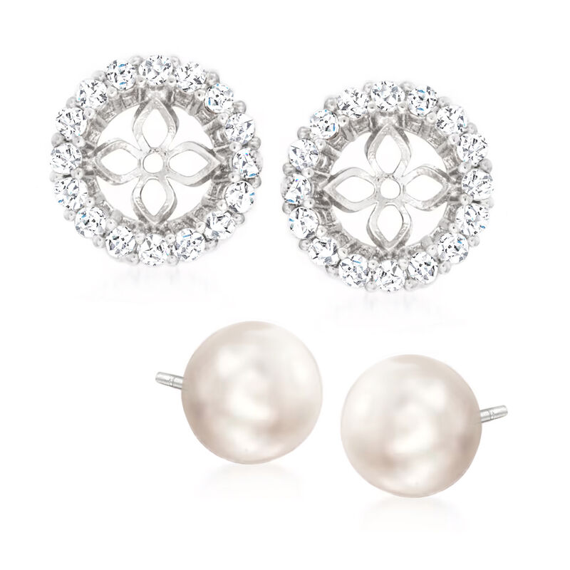 7.5mm Cultured Pearl and 1.10 ct. t.w. CZ Jewelry Set: Earrings and Earring Jackets in Sterling Silver image number 5