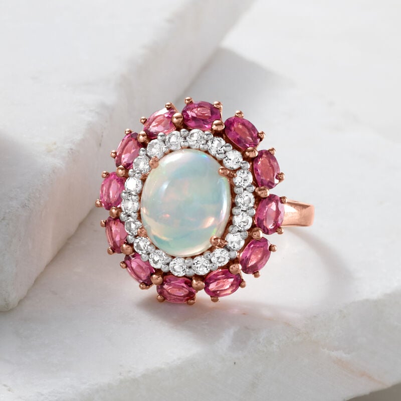 Ethiopian Opal, 1.50 ct. t.w. Pink Tourmaline and .60 ct. t.w. White Topaz Ring in 18kt Rose Gold Over Sterling image number 3