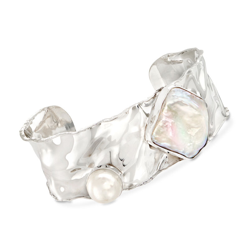 Bezel-Set Cultured Baroque and Button Pearl Cuff Bracelet in Sterling Silver image number 0