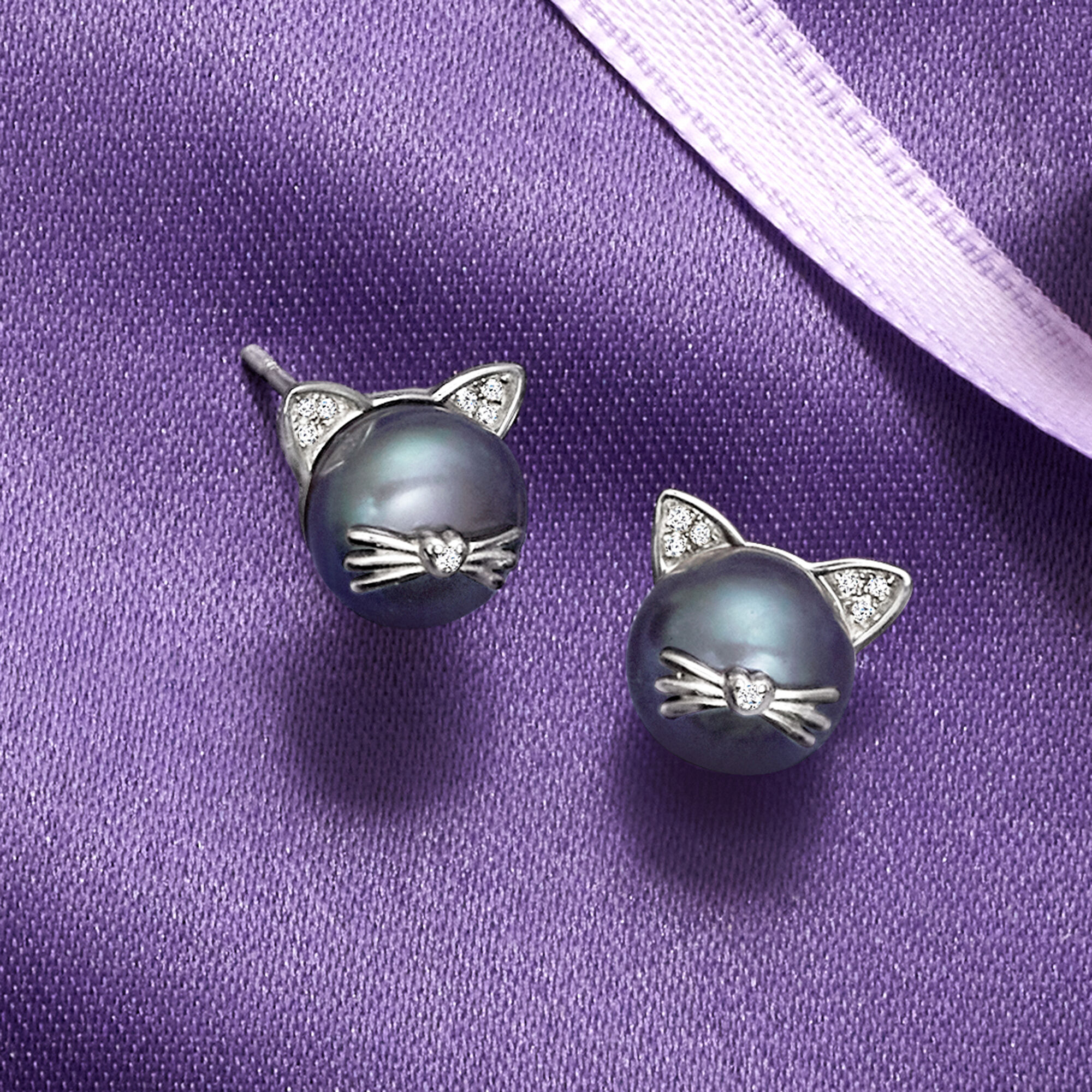 8 8.5mm Black Cultured Pearl Cat Earrings with Diamond Accents in Sterling Silver
