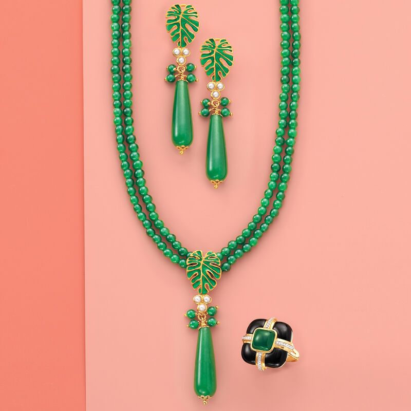 Italian 150.00 ct. t.w. Green Quartz Double-Strand Necklace with Pearls in 18kt Gold Over Sterling image number 3