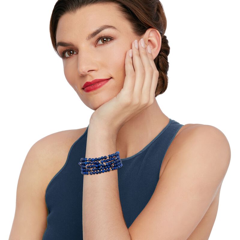 Blue Lapis Jewelry Set: Five Bead Stretch Bracelets with 14kt Yellow Gold image number 1